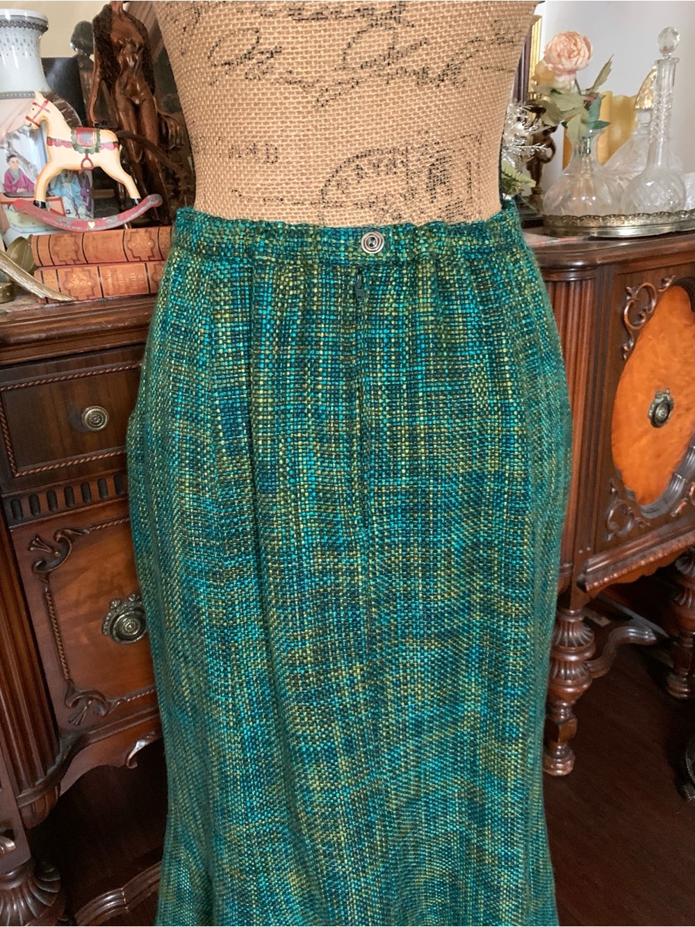 Vintage Victorian-inspired 50's-inspo Edwardian-inspo Turquoise Tweed Skirt - Picture 6 of 16